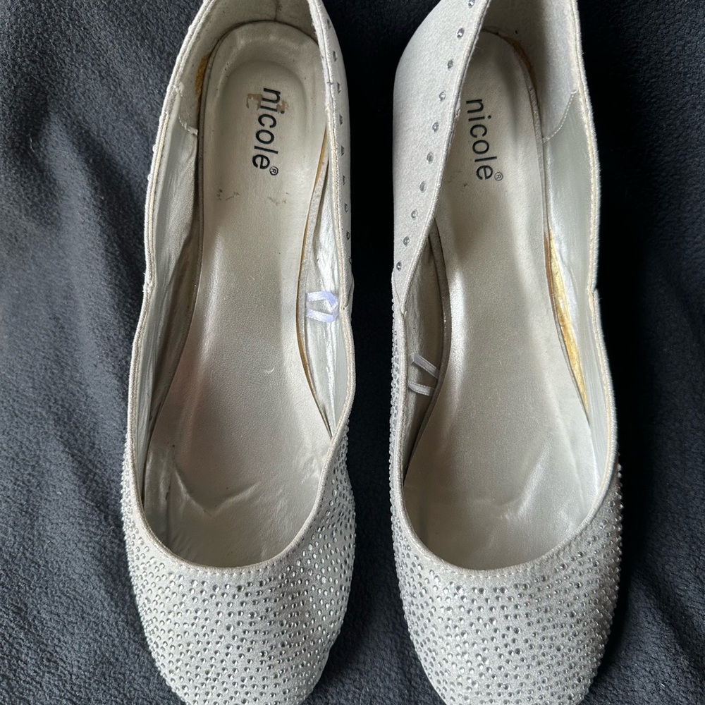 Nicole White Flats with Rhinestone Embellishments